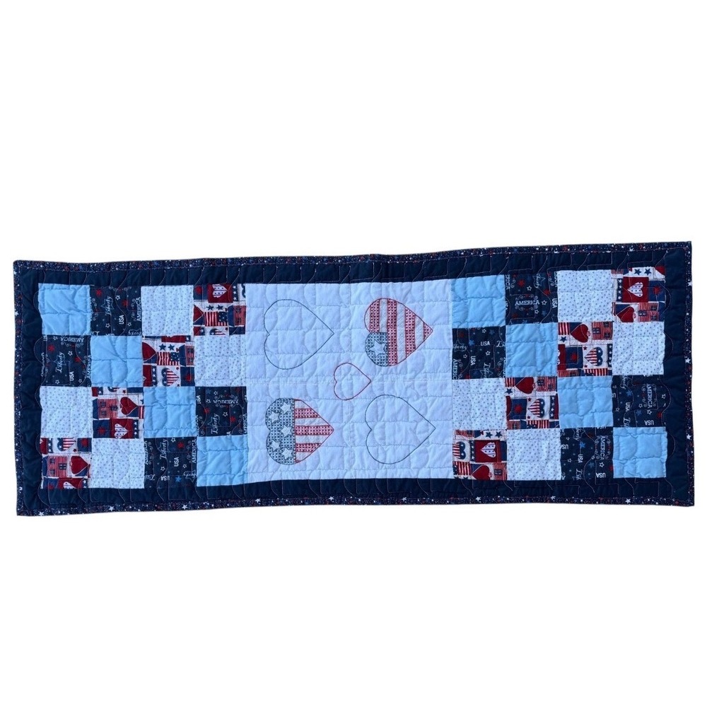 Handmade 54x21 Quilted Table Runner Blue Patriotic Americana Patchwork Farmhouse